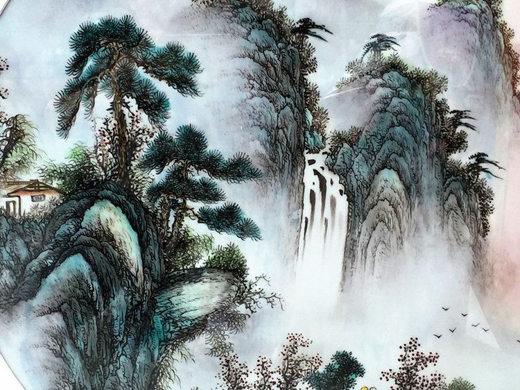 方形釉上粉彩手绘山水风景客厅挂画