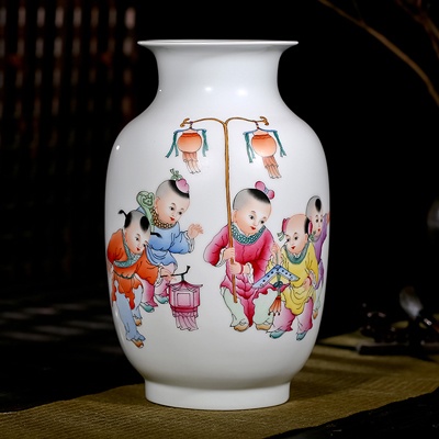 景德镇名家手绘艺术陶瓷花瓶五子登科