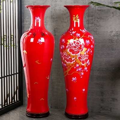 红色陶瓷大花瓶描金牡丹花开富贵