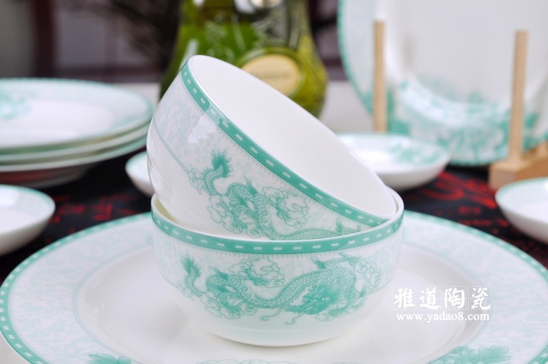 绿色牡丹龙高温陶瓷餐具-碗