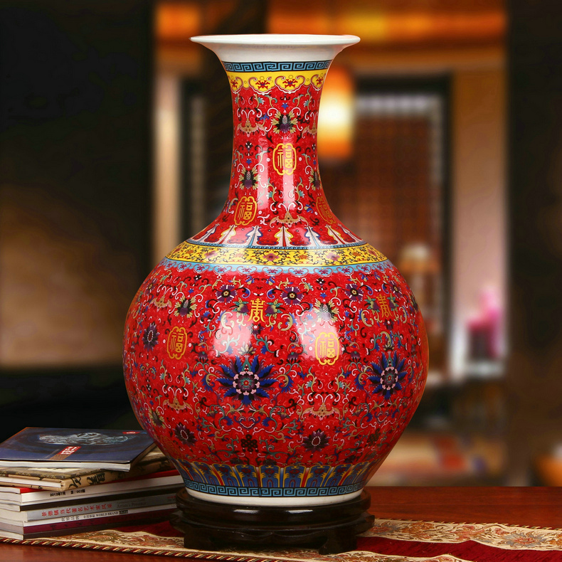 景德镇瓷器珐琅彩红色福寿赏瓶