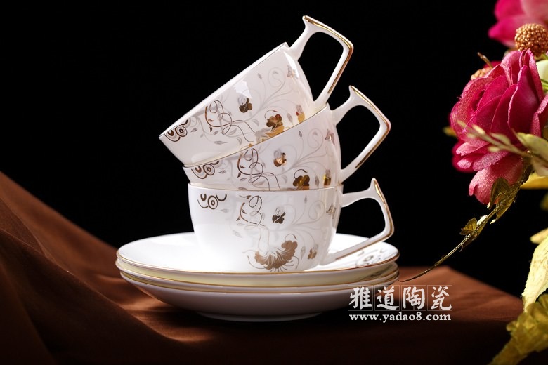 景德镇欧式正品骨质瓷咖啡具套装金花蝶舞