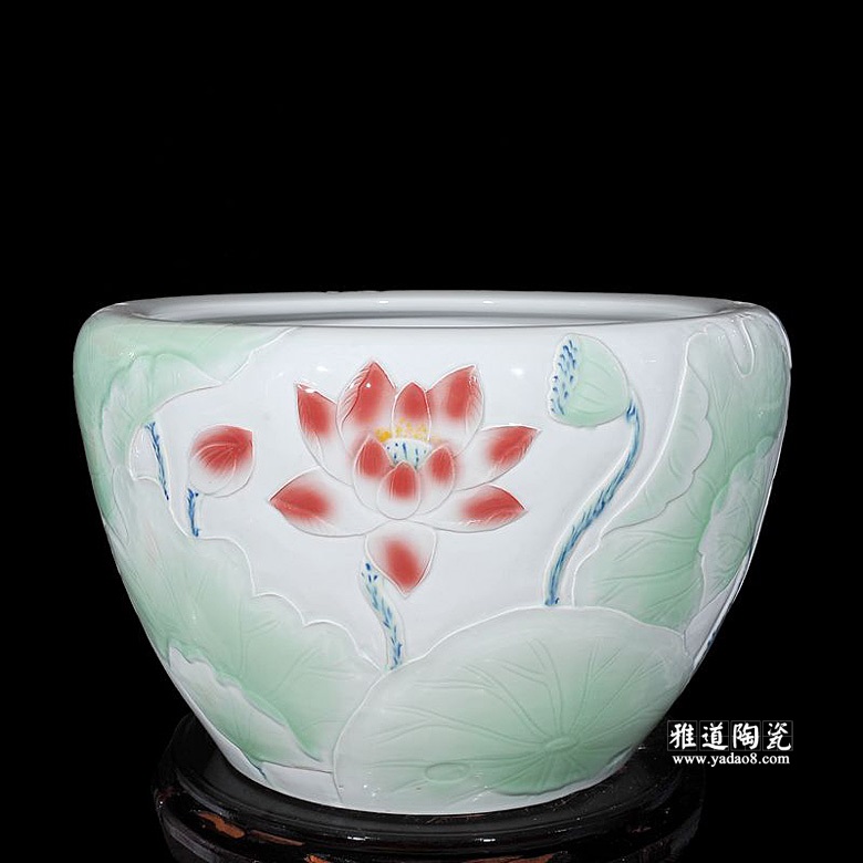 景德镇陶瓷金鱼缸雕刻荷花水缸创意鱼缸