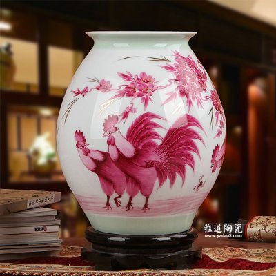 手绘陶瓷花瓶-夏国安手绘巩红三公图花瓶- 雅道陶瓷网