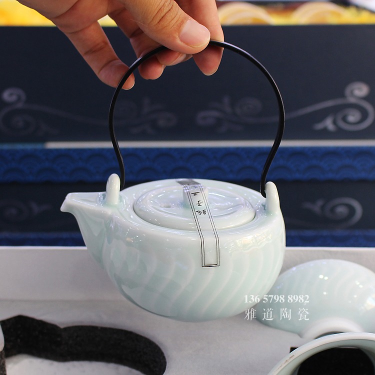 景德镇10头盖碗青釉功夫茶具套装-茶壶