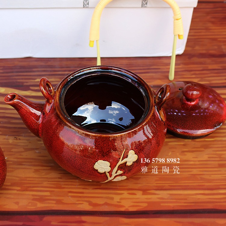 景德镇陶瓷颜色釉梅花整套提梁壶茶具-茶壶