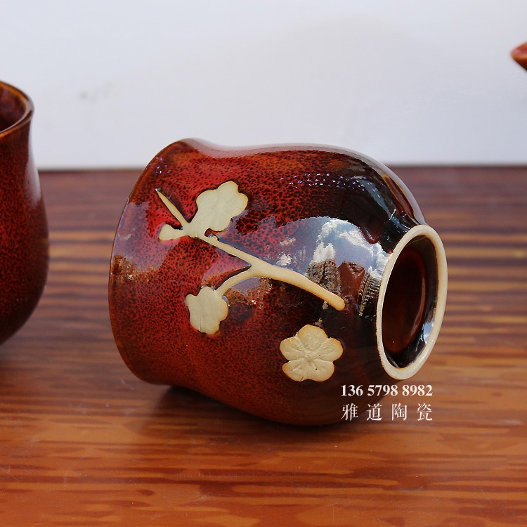 景德镇陶瓷颜色釉梅花整套提梁壶茶具-杯子