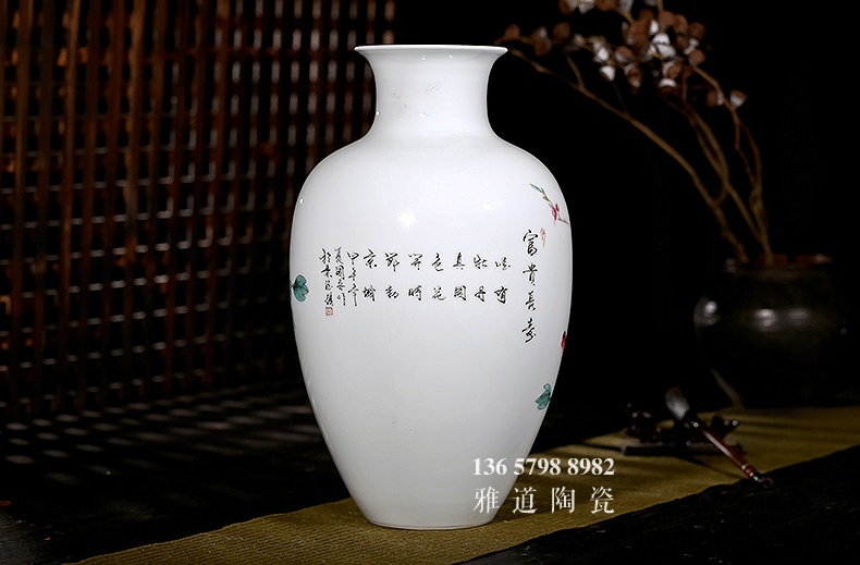 景德镇名家手绘陶瓷花瓶富贵长寿-题字