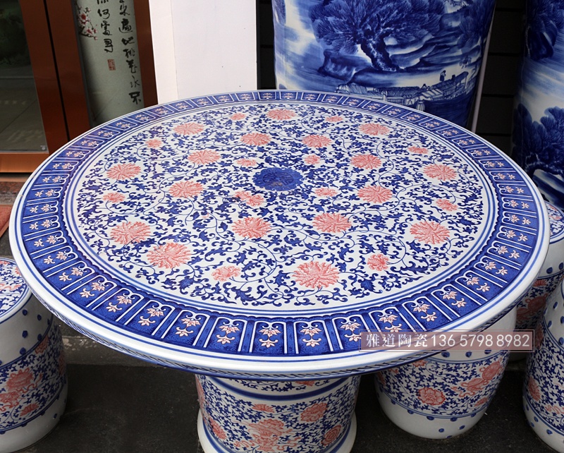 复古中式青花釉里红缠枝莲陶瓷桌凳- 雅道陶瓷网