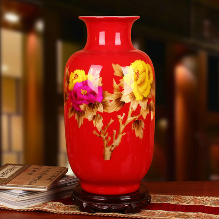 景德镇瓷器红色麦秆牡丹富贵花瓶