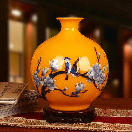 景德镇陶瓷工艺品金丝麦秆黄色花鸟花瓶