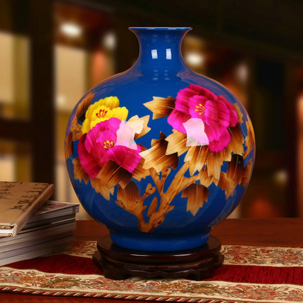 景德镇陶瓷工艺花瓶麦秆蓝色富贵牡