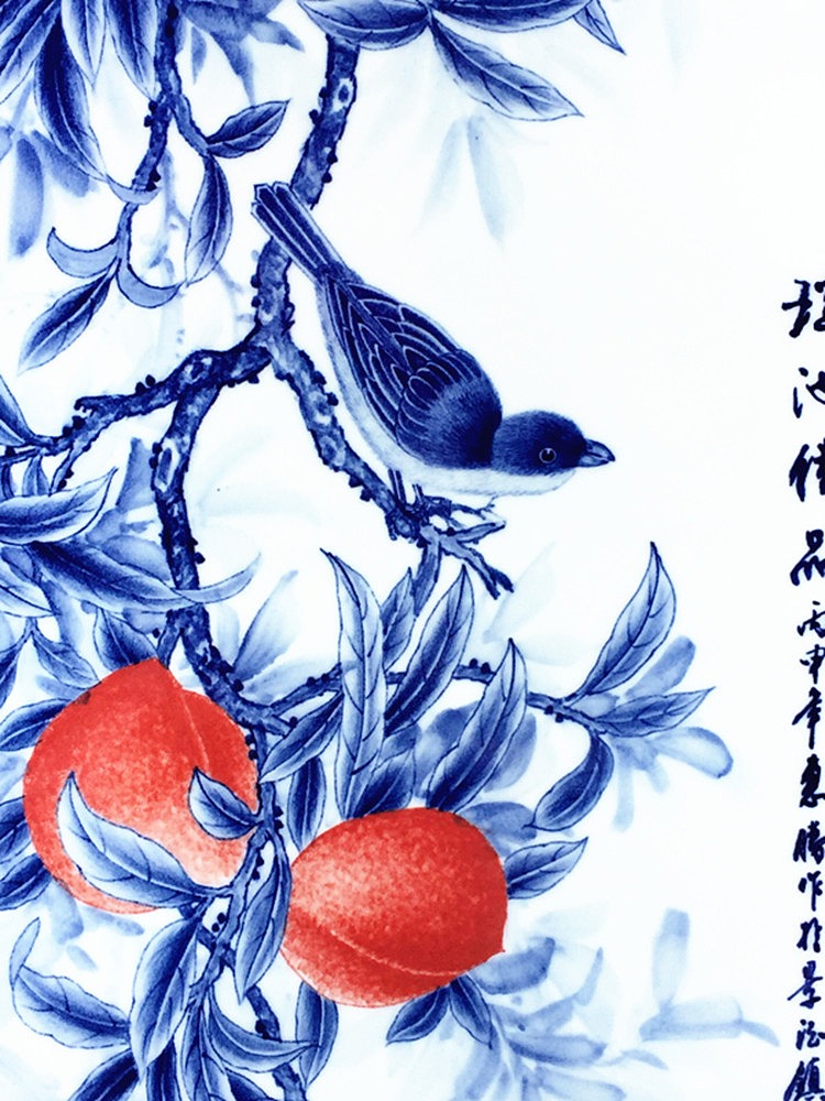 景德镇陶瓷青花工笔花鸟四条屏鸿运当头细节图