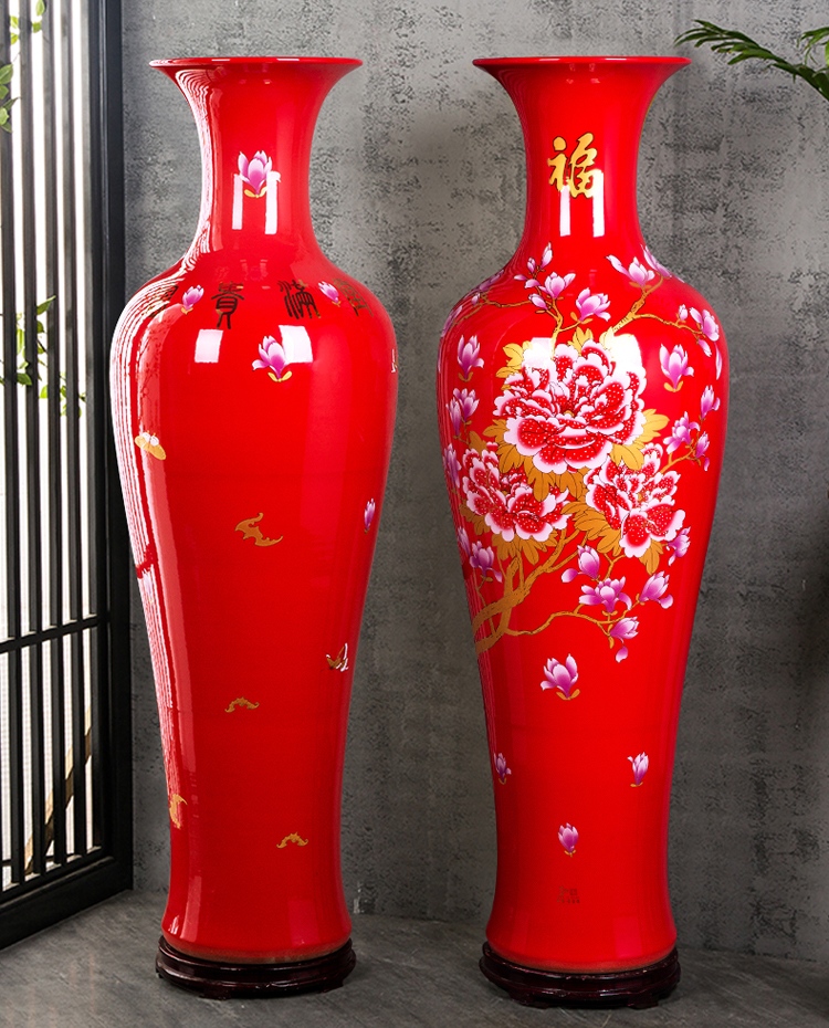 红色陶瓷大花瓶描金牡丹花开富贵- 雅道陶瓷网